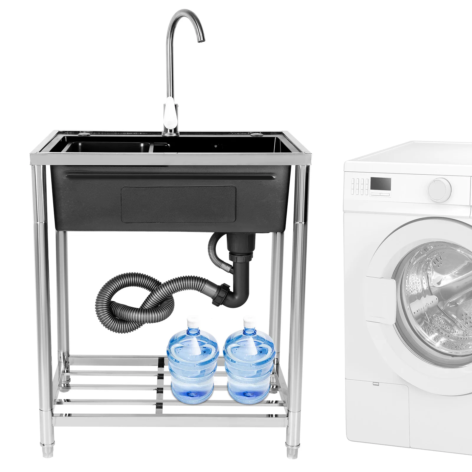 

Multifunctional Sink Adjustable Stand Hand-Made Basin Sink Rust Proof Single Bowl Sink Set with Cold & Hot Water Faucet