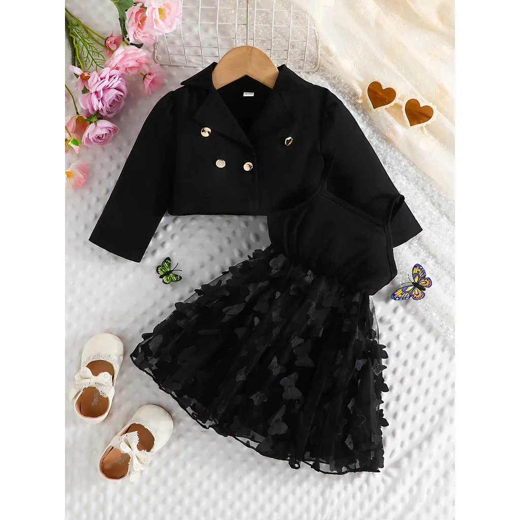 2Pcs/Set For Baby Girl 1 -5Years old Long Sleeve Button Top Suspender Butterfly Tulle Skirt Princess Dresses Outfit Clothing Set