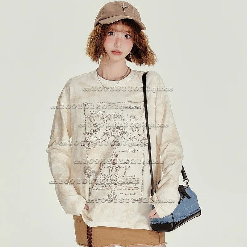 

Американский тонкий крой ранней осени с длинными рукавами и 3D-принтом, свободный и дышащий, универсальный быстросохнущий топ, футболка ранней осени