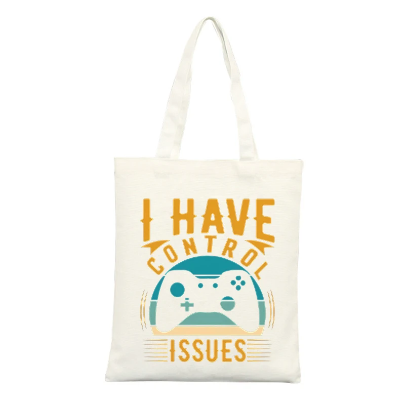 Canvas Tote Bag with Game Controller and Typography Print, Retro Style for Casual Daily Use