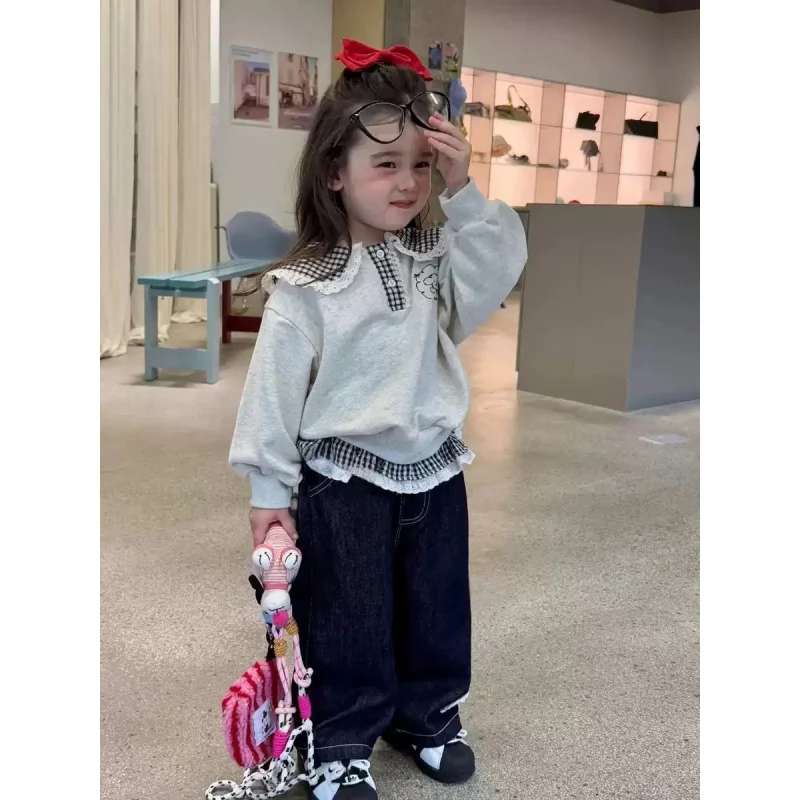 

25Autumn New Stylish Girl Long Sleeve Sweatshirt Little Girl Plaid Lace Trim Turn-Down Collar Sweet Patchwork Top