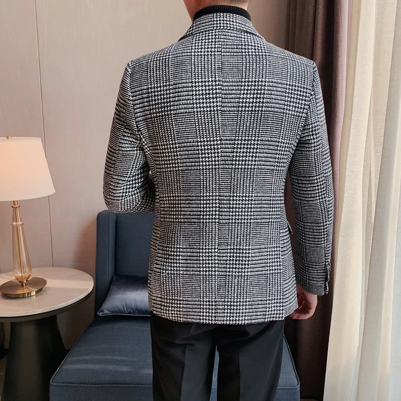 4-A65   Casual Suit Men\'s Best Man\'s Clothing Houndstooth Plaid Korean Style Slim--button Autumn and Winter Suit Jacket