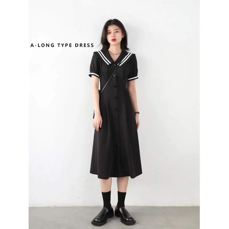 CHIC VEN Korean Women\'s Dresses Black Short Sleeve Navy Collar Dress for Women Office Lady Female Party College Summer 2022