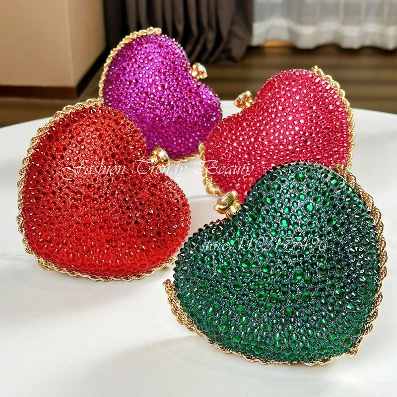 

Heart-Shaped Evening Bag Shell Circular String Bead Embellished Peach Red Crystal Diamond Rose Evening Bags Woman Party Shoulder