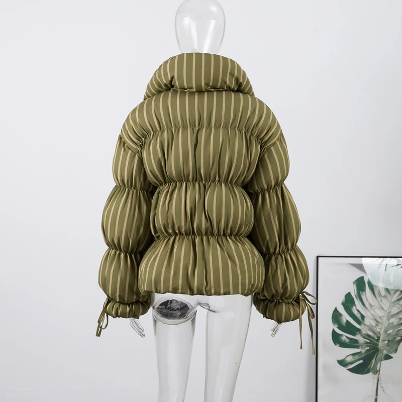 2025 nova senhora quente outwearloose listrado algodão acolchoado casaco feminino inverno zíper lanterna manga rendas turn down collar jaqueta