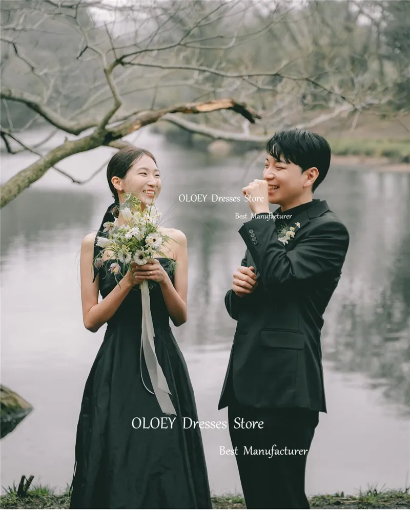 OLOEY ง่ายสีดํา Taffeta ชุดราตรีเกาหลี Lady งานแต่งงานถ่ายภาพ Strapless ความยาวชั้นปาร์ตี้พรหม Custom Made