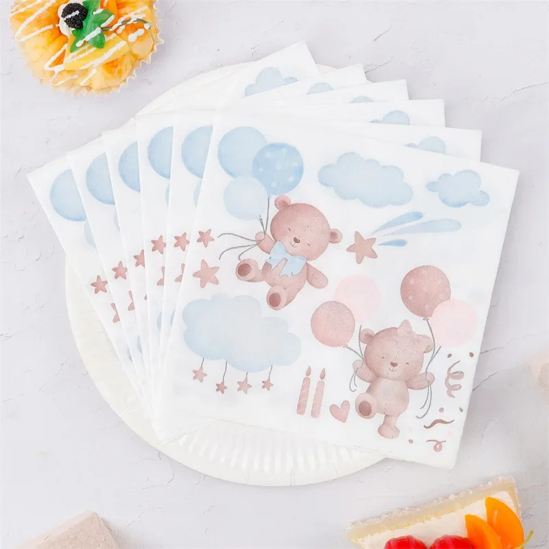 20pcs 33cm 2Ply Cartoon Printed Party Napkins Teddy Bear Balloons Decorative Napkins Disposable Placemats DIY Decoupage Paper