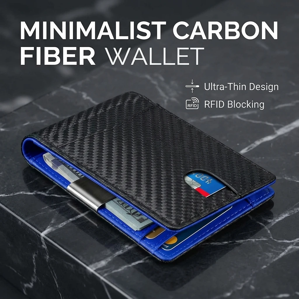 Slim Carbon Fiber Wallet for Men Minimalist RFID Blocking Bifold Purse with Metal Money Clip Thin Credit Card Holder ID Window