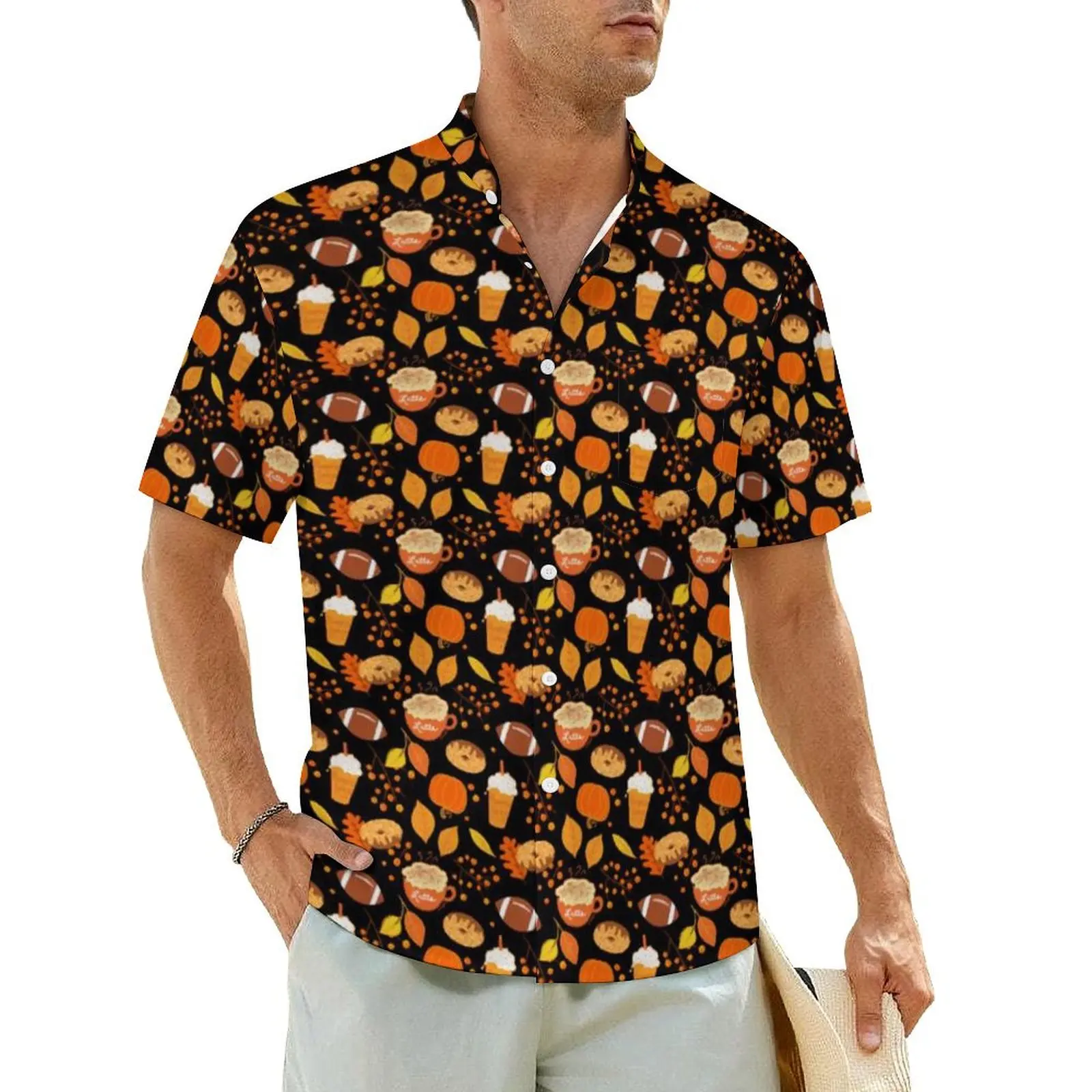 Chocolate Doughnut Beach Shirt Men Fall Leaves Pumpkin Elegant Casual Shirts Summer Short Sleeve Stylish Design Oversize Blouses