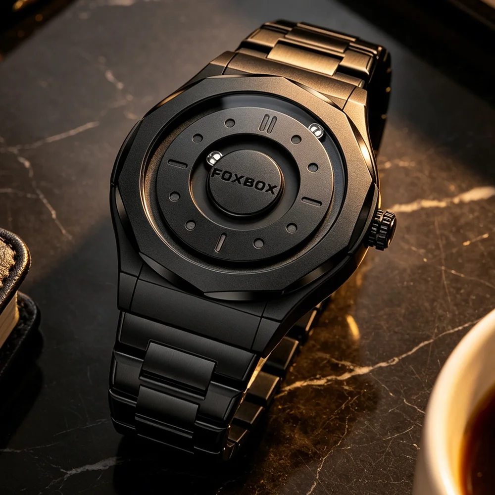 

FOXBOX Men's Watches Quartz Watch Creative Scrolling Pointer Magnetic Force Stainless Steel Wrist Clock Relogios Masculino+Box