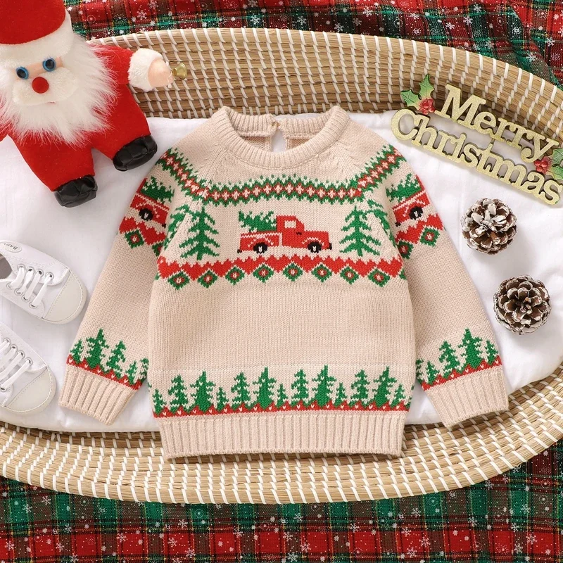 

Baby Boy Christmas Sweaters Long Sleeve Round Neck Truck Print Knit Pullovers Infant Jumper Tops