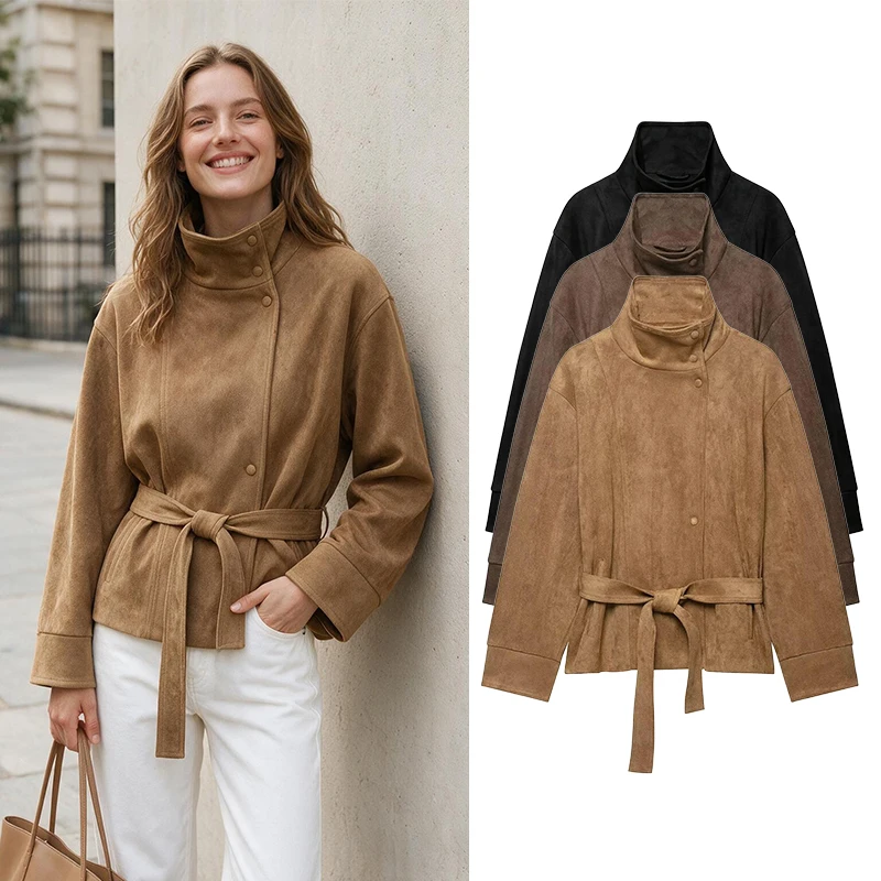 Women's Suede Jacket Fashion With Belt Jackets Coats Autumn Winter Women's Coat Casual Women's Jacket New Outerwear
