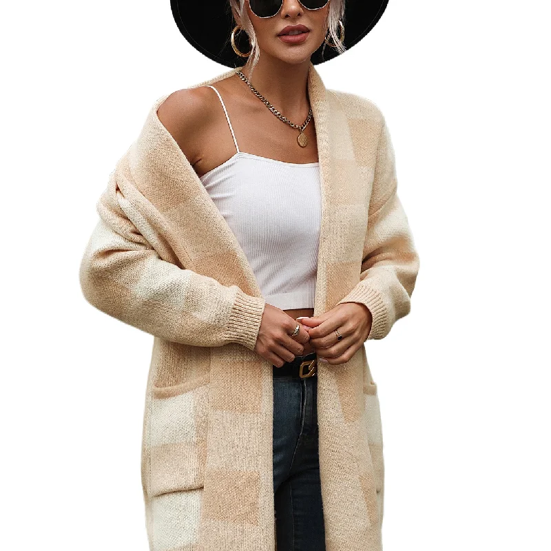 2023 Autumn And Winter Women's Temperament Elegant Knitted Sweater Thick Coat Round Neck Plaid Loose Fashion Casual Cardigan