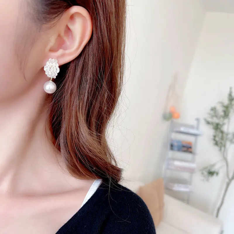 S925 Silver Needle Mesh Red Style Earrings With Fairy Style And High Grade, Radiant Diamond Zircon Pearl Earrings