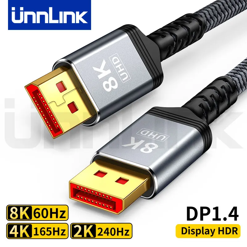 Unnlink DisplayPort 1.4 Cable 8K 60Hz, 4K 165Hz, 4K 144Hz, 4K 120Hz, 2K 240Hz DP Cable 5m 3m 2m 1.5m 1m