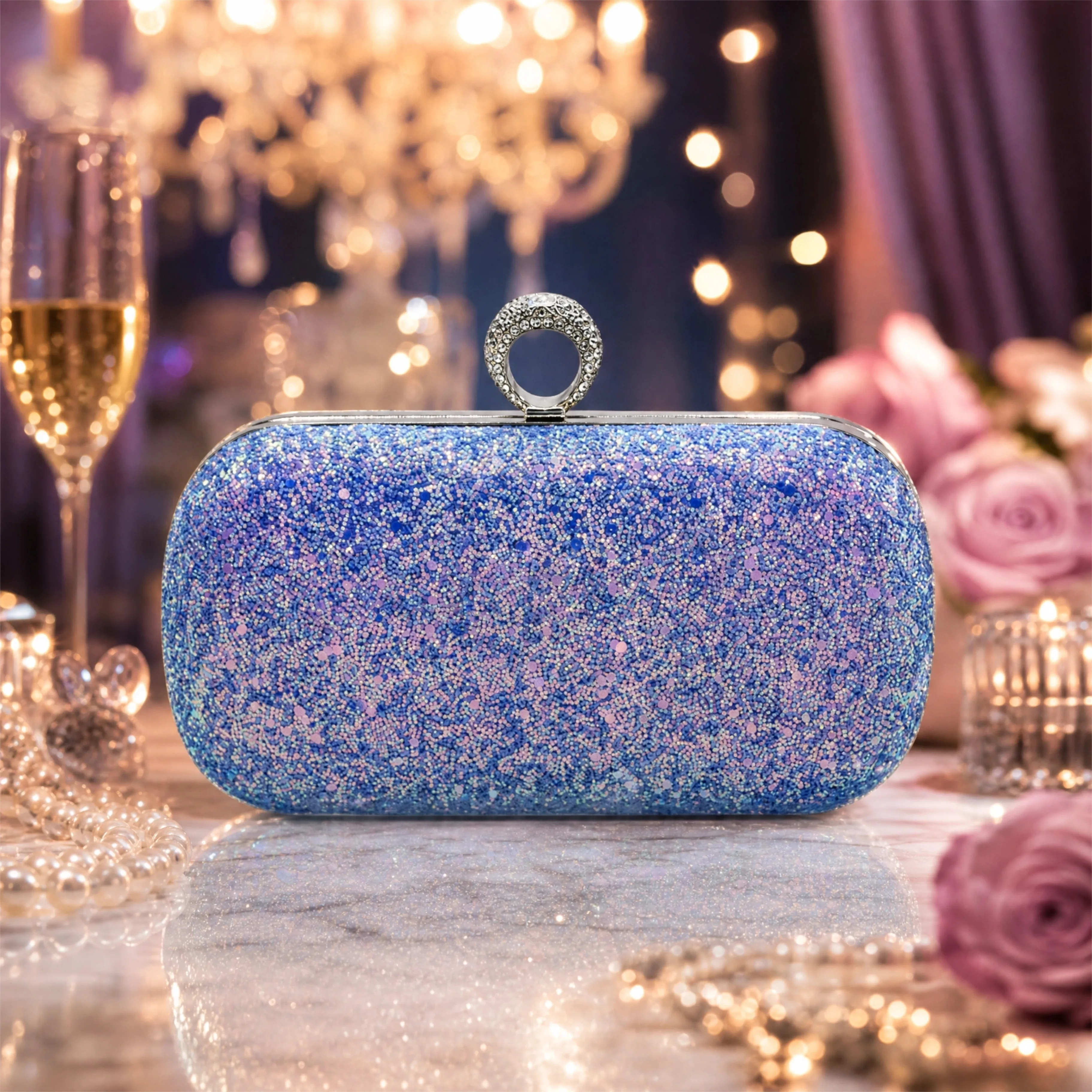 Light Blue Bag Rhinestone Ring Clasp Evening Clutch Bag Bling Famous Brands Purse and Handbags Glitter High Quality Shoulder Bag