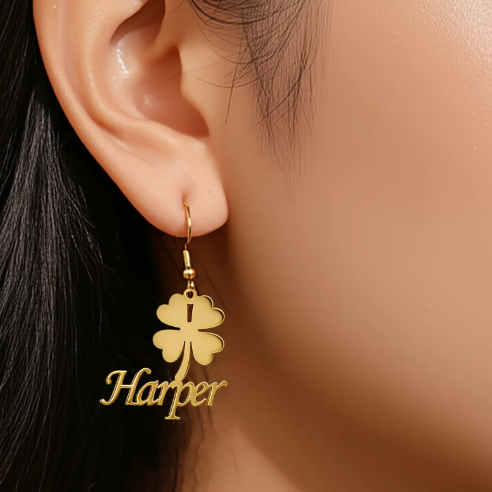 Customized four-leaf clover pendant earrings, personalized engraved name gold earrings, women's stainless steel lucky jewelry