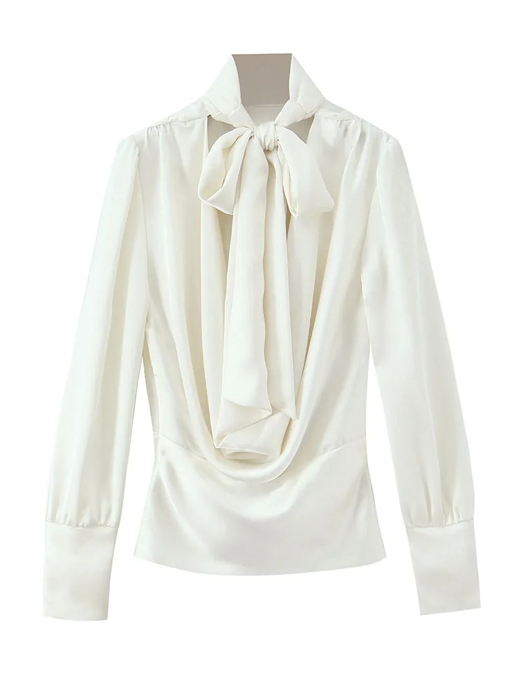 HH Donna Primavera Casual Solido Collo alto Manica lunga Top corto Donna New Fashion Bow Backless Pieghettato Decorazione Camicetta Camicia