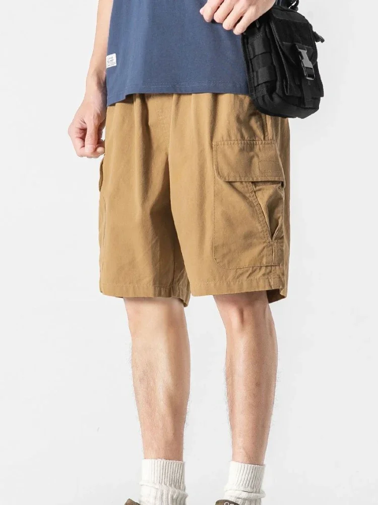 

Короткие брюки для мужчин-бермуды Мужские шорты-карго с эластичной резинкой на талии Полумешковатые с завязками Широкие однотонные свободные длинные карманы Винтаж