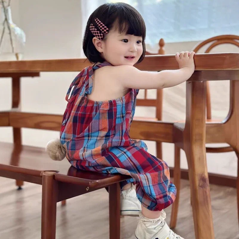 Kids Pants Honey Cherry Girls Red and Blue Plaid Jumpsuit Summer Cute Bunny Tail Girls Bib Pants Baby Overalls Girls Jumpsuit