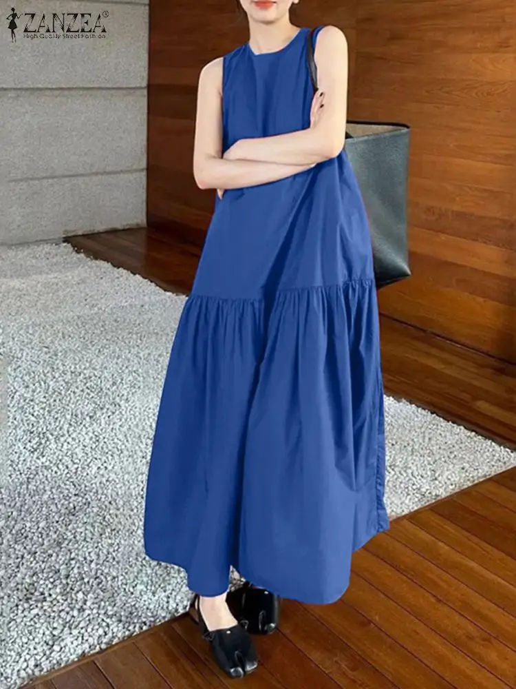 ZANZEA Fashion Summer Sleeveless Solid Long Dress Women Elegant Party Holiday Sundress Sarafans Casual Loose Maxi Vestido Robe