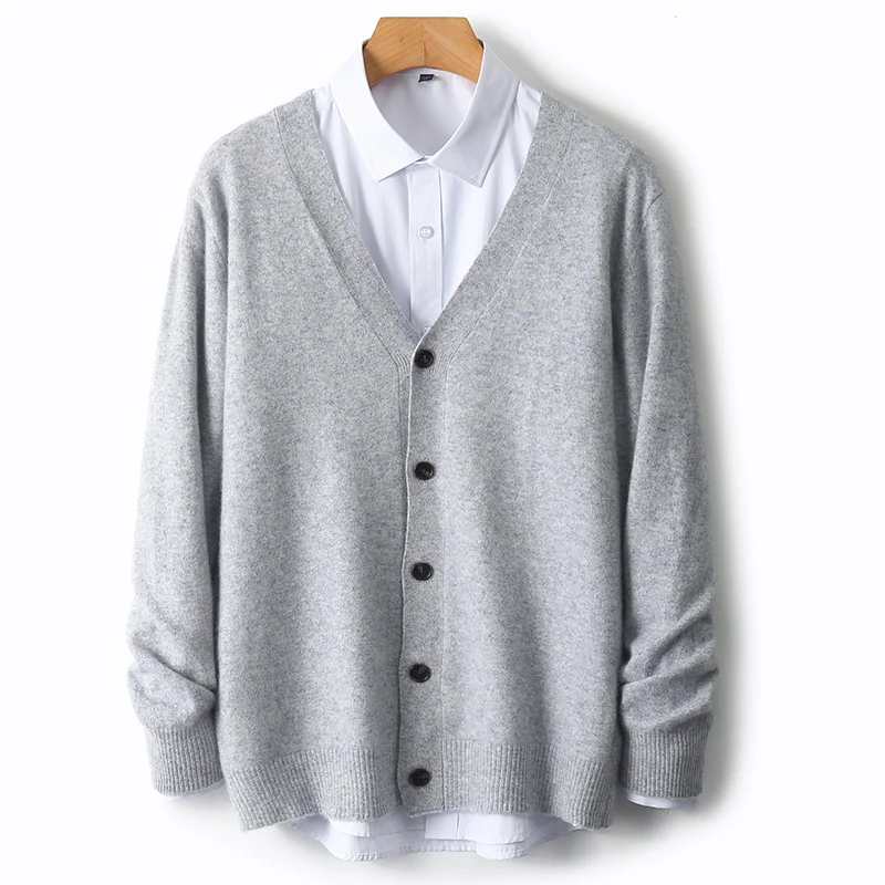 Autumn And Winter Business Casual Coat Knitted Bottoming Shirt 100% Wool Cardigan Men's V-neck Solid Color Sweater