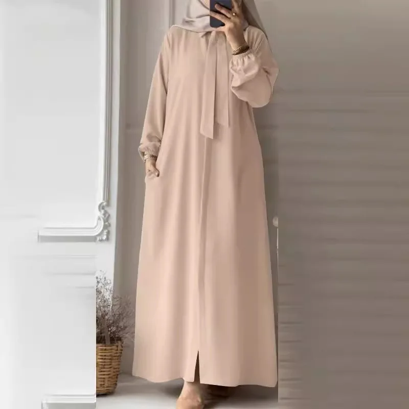 2024 Muslim Women's  Fashion Bow Tie Flip Collar Solid Color Long Sleeved Shirt Sun Skirt Pocket Loose Cardigan Long Dress