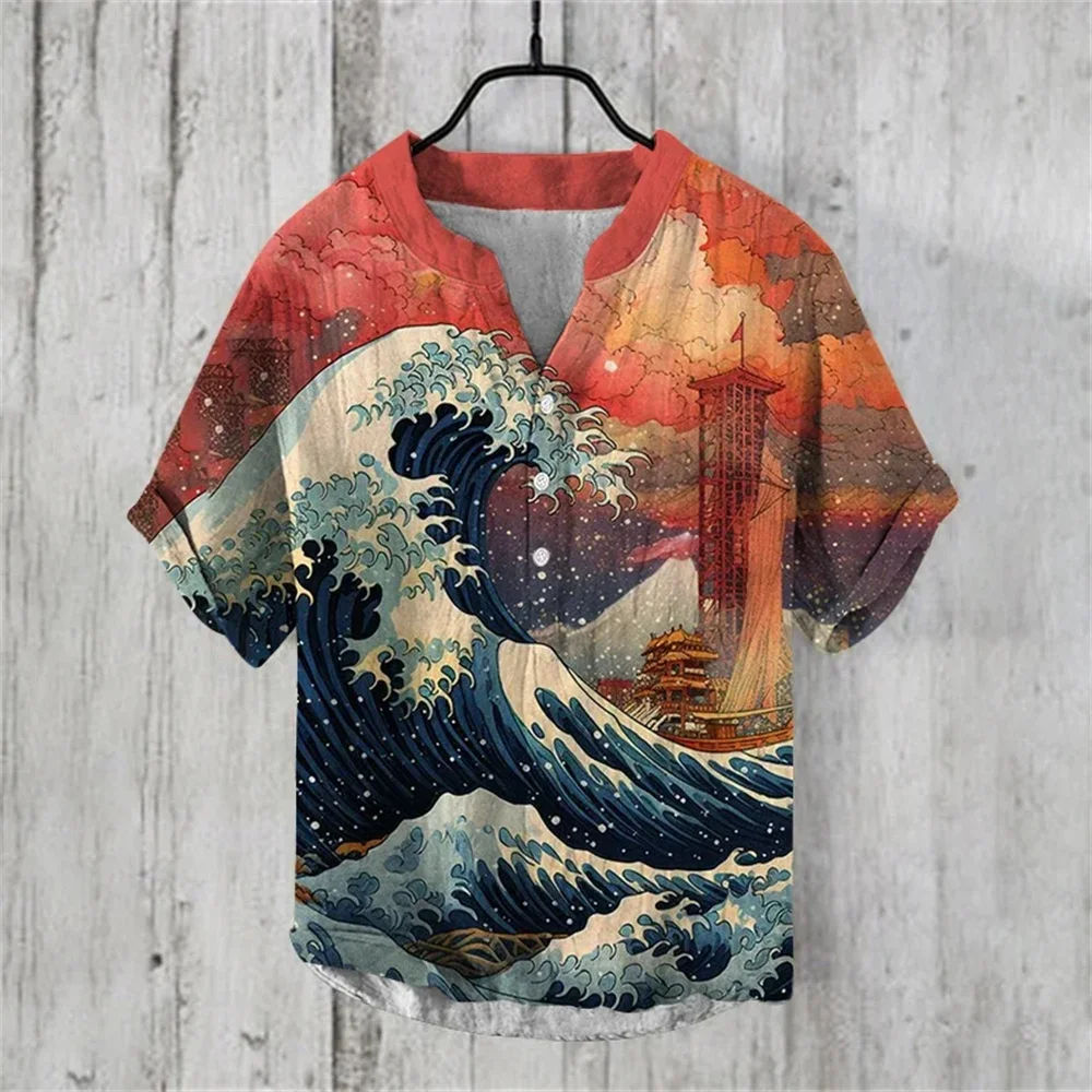 Fashion three-button men's short-sleeved 3D printed paper crane graphic pullover loose V-neck retro top high-quality fabric