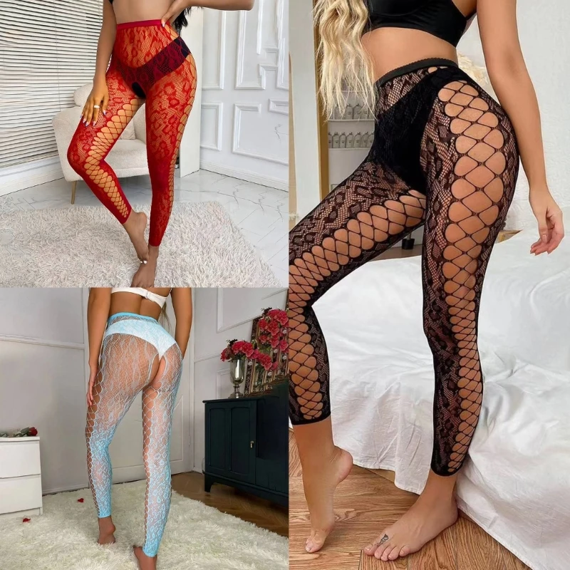 

Women Open Crotch Tights Side Hollow-Out Sheer Mesh Footless Pantyhose Stockings