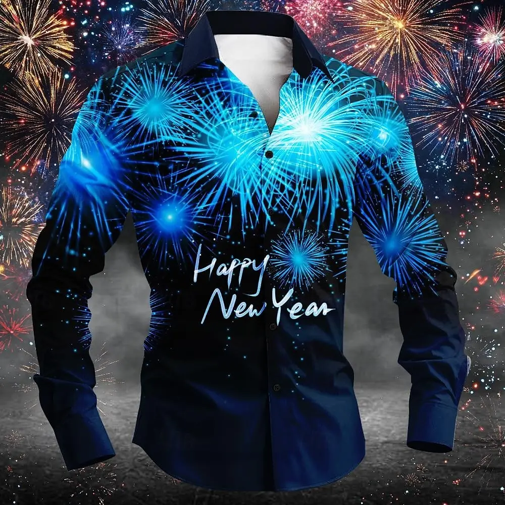 

New Year Men's Letter & Number Shirt Long Sleeve Casual Party Daily Spring Fall Winter Turndown Pocket Blue