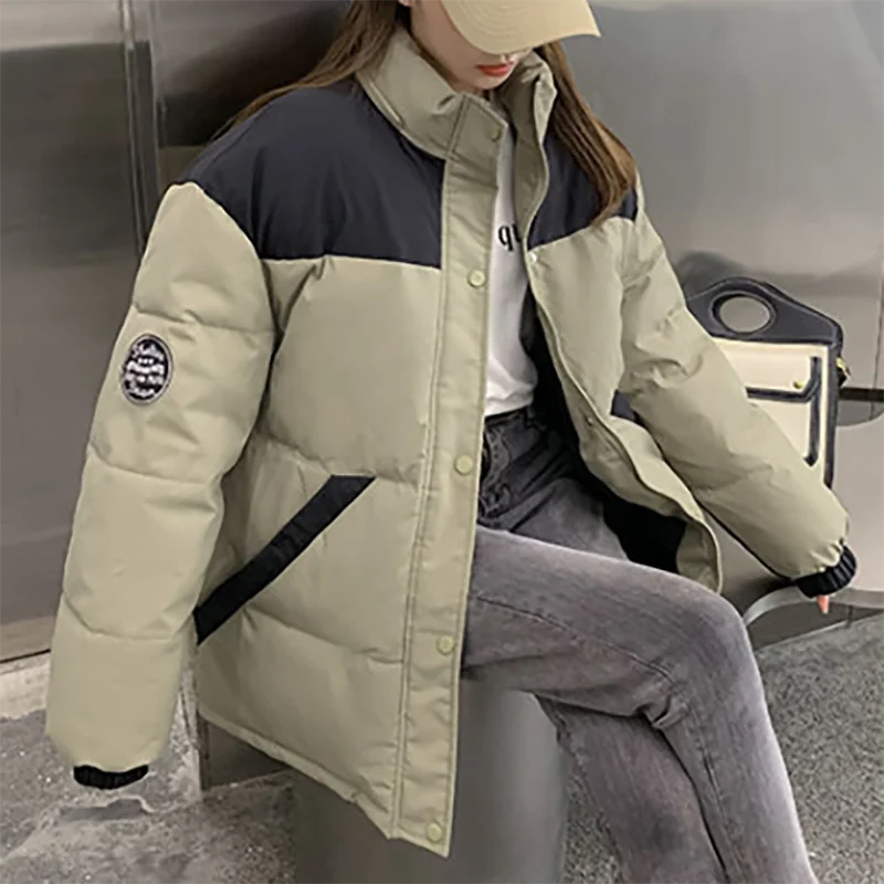 Elegante jaqueta de pão grosso feminina, casaco de algodão feminino, cor patchwork, com capuz, gola com gola alta Parkas, solto, casual, moda inverno