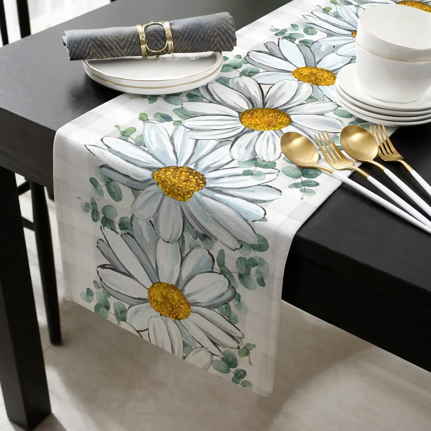 Summer Daisy Flower Eucalyptus Linen Table Runners Spring Farmhouse Holiday Wedding Party Decor Dresser Scarf Dining Table Decor