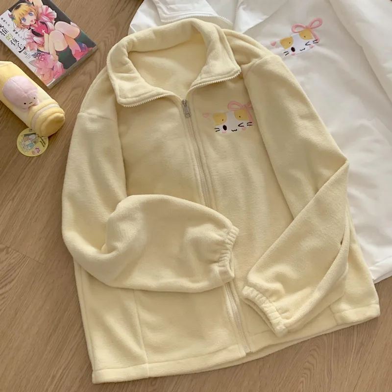 Masyumaro Fluffy Fuwa Nyanko Cat Outerwears Polar Fleece Zip Up Tops Anime Kawaii Cute Winter Cloth for Teen Girl Women Clothing