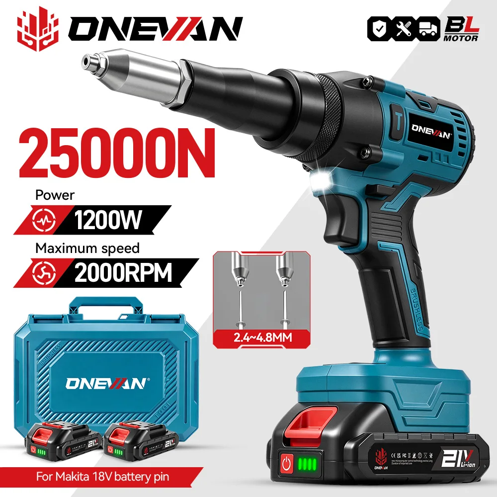 ONEVAN 25000N Bürstenlose Elektrische Niet Pistole Cordless LED Niet Mutter Pistole Bohrer Automatische Nieten Werkzeug Für Makita 18V Batterie pin