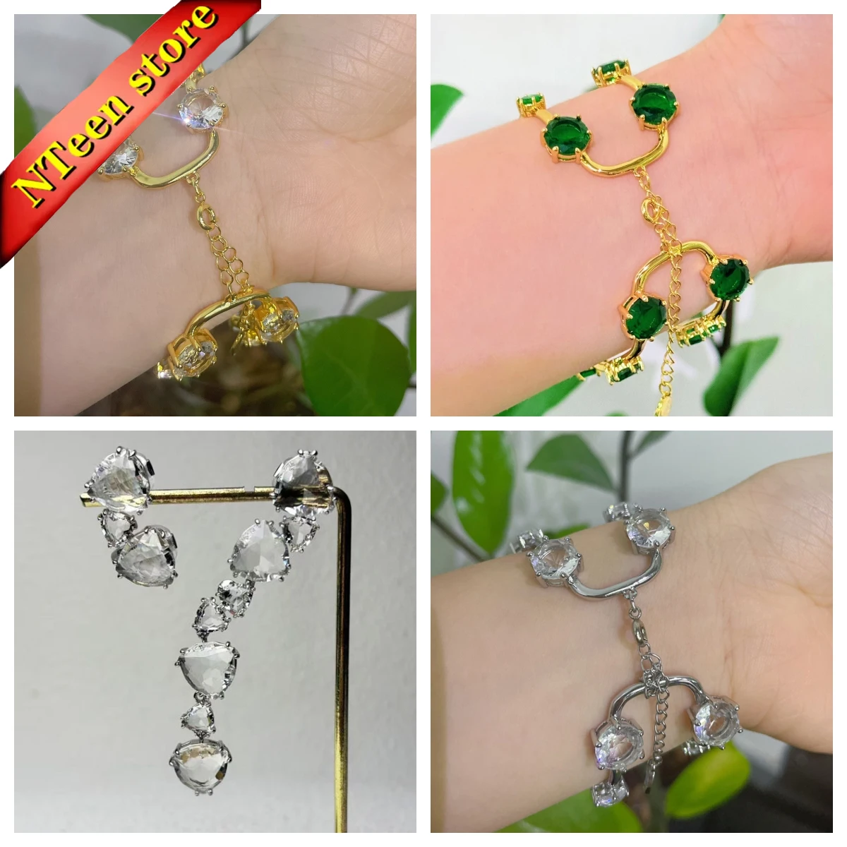 

2025 New Trend High Quality Fine Jewelry Set Charm Luxury White Green Water Drop Crystal Fashion Bracelet Earring Gift for Women