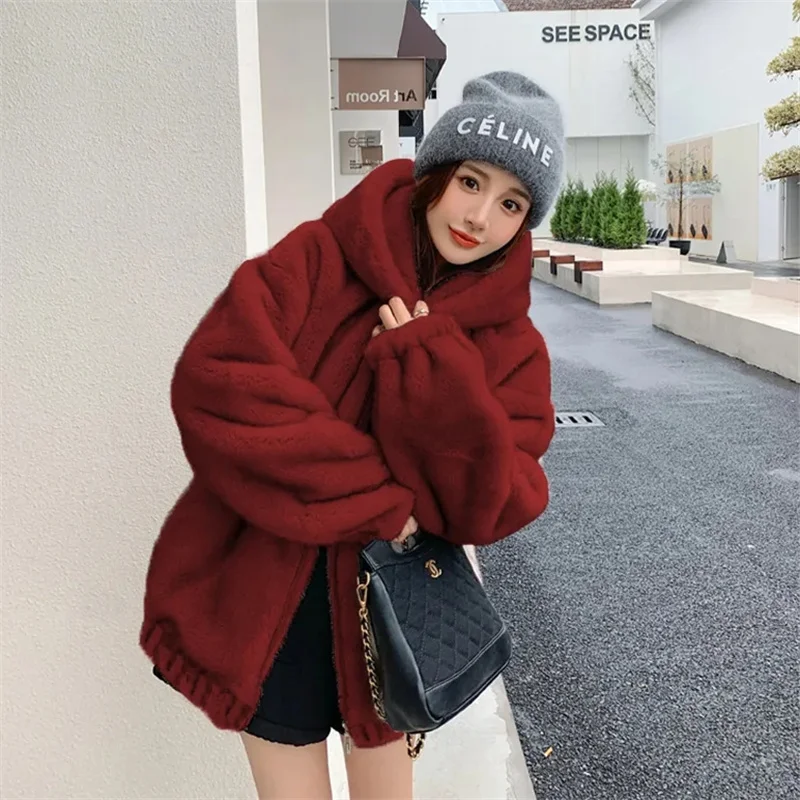 2024 Winter New Hooded Rabbit Hair Imitation Mid length Fur Coat Korean Version Loose Thickened Plush Coat Women Solid Commuter