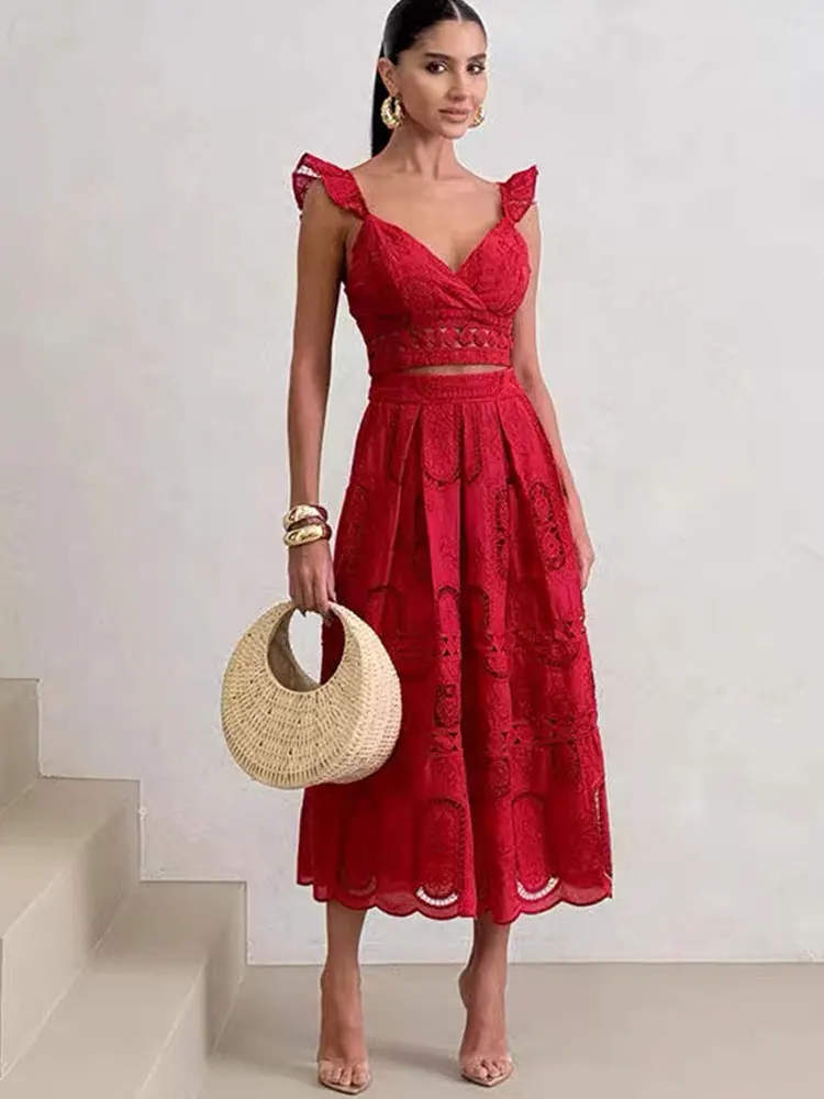 Summer 2026 Sexy Open Waist Embroidered Two-Piece Skirt Set High Waist Holiday Suspender Top Female Temperament Suit