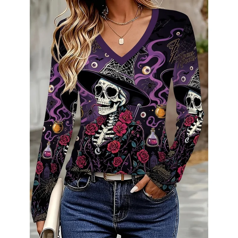 American retro style for womenVCollar Long SleeveTHalloween Skull Rose Magic Potion Print T-shirt