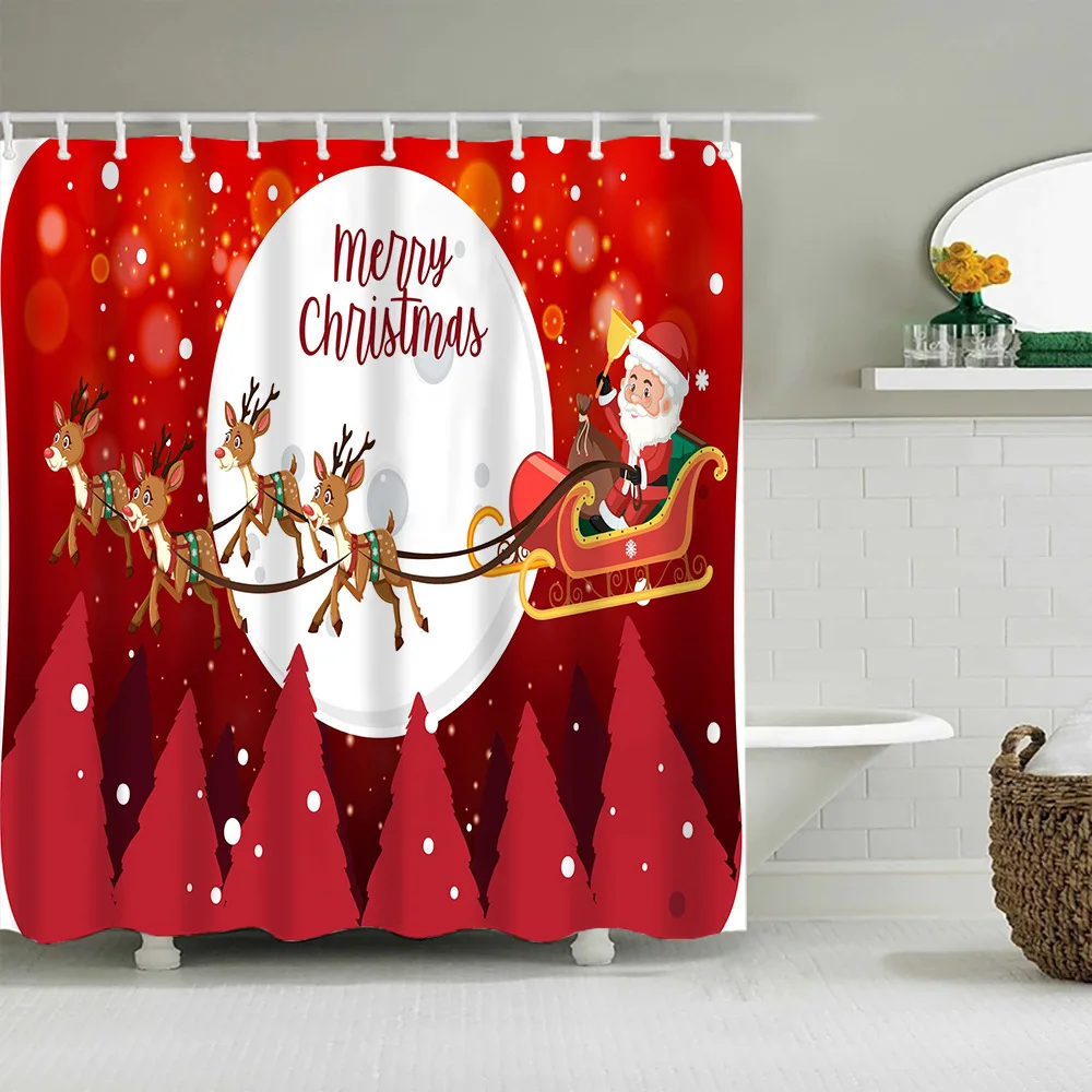 Merry Christmas Moose Snowman Santa Claus Shower Curtain Bathroom s Frabic Polyester Waterproof Bath  Home Decor