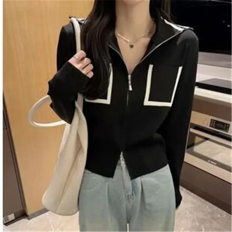 

Temperament Cardigan for Women Sueter Mujer Pockets Zipper Thicked Pull Femme Stand Neck Casual Fashion Cropped Sweater Coat