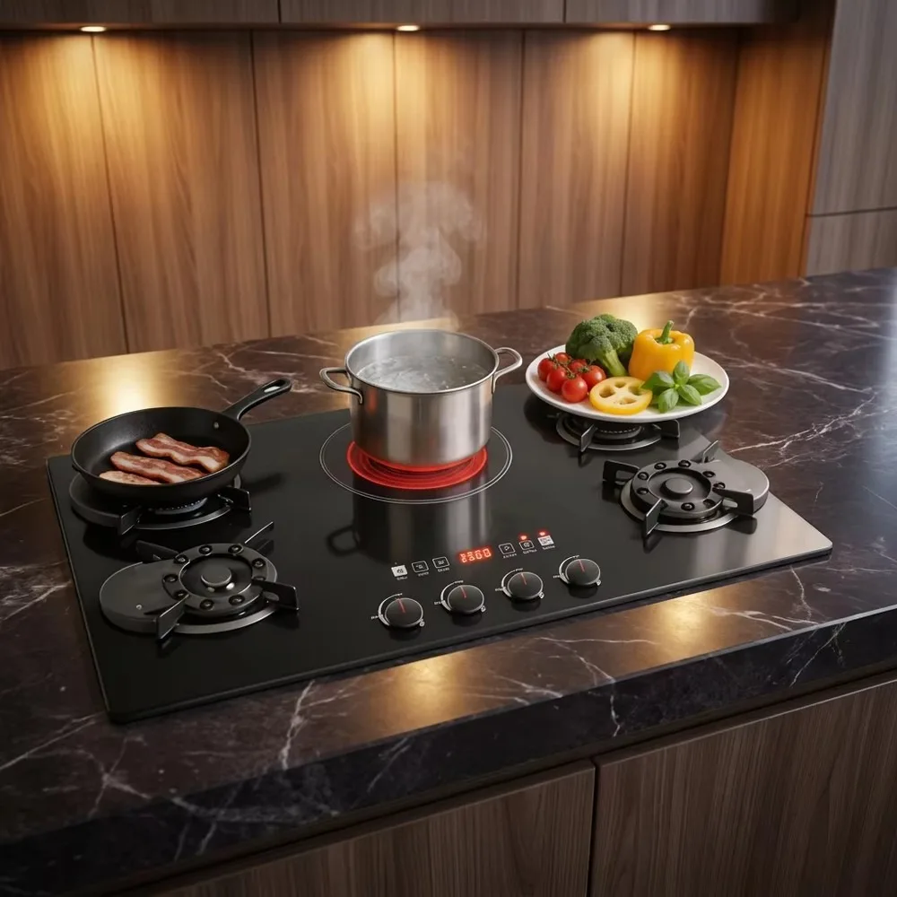 Commercial Kitchen Gas Stove 4 Burner 1 Electric Glass Panel D5-01B New Guangdong Product Cooktop