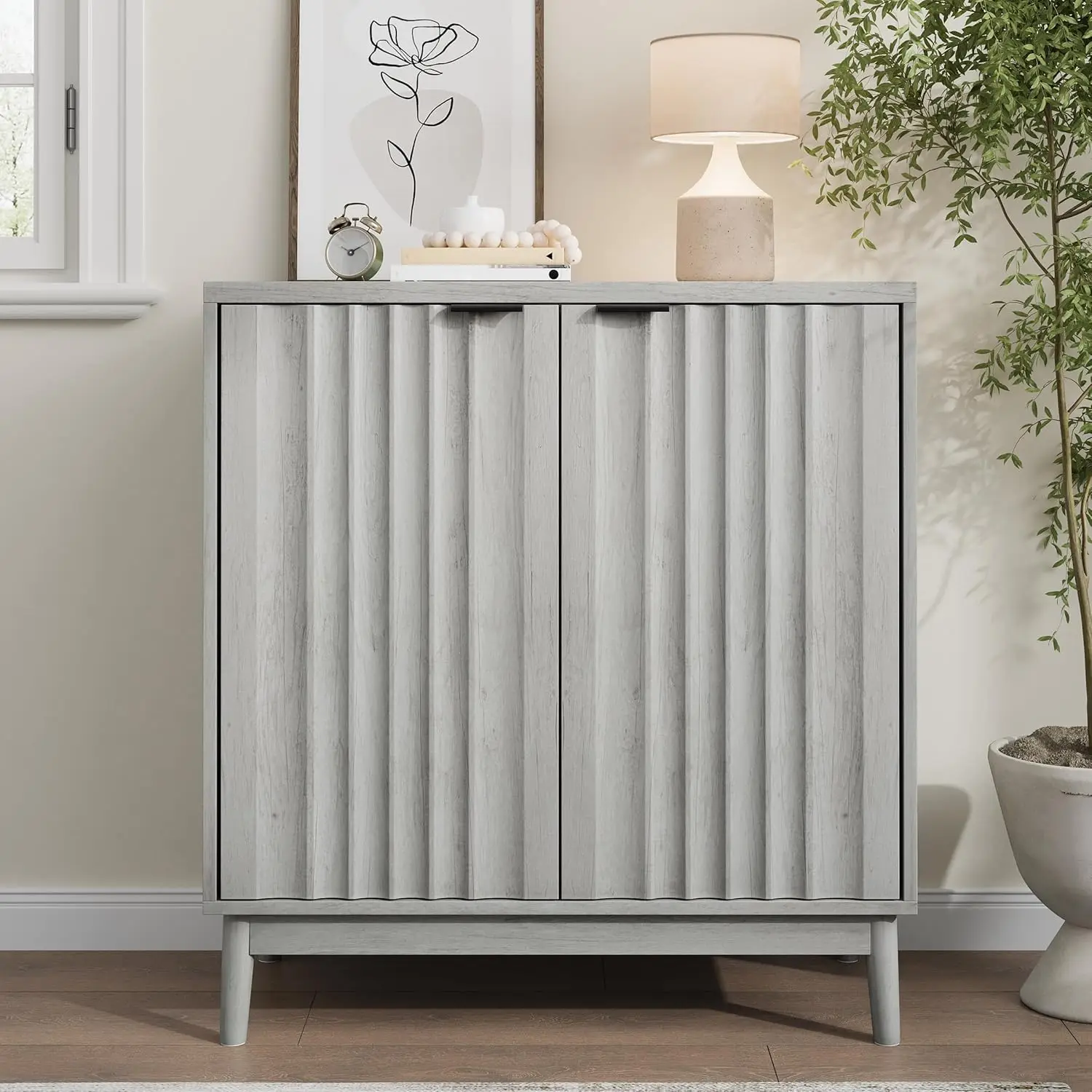 

Fluted Sideboard Cabinet, Wash Grey Buffet Cabinet With Adjustable Shelf For Living Room, Customized