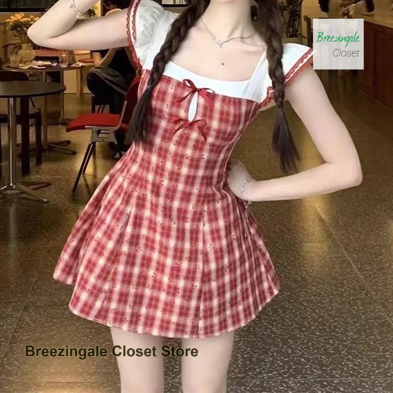 

Korean red plaid girls feel slim temperament dress summer new retro little flying sleeve princess skirt short joker skirt.
