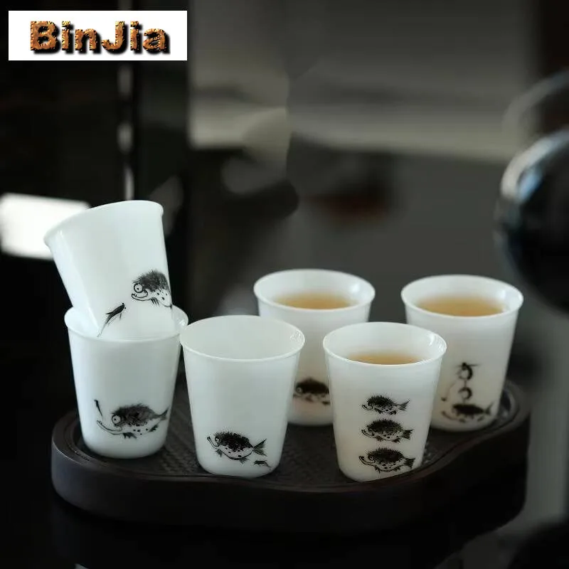 

2 шт./лот, ручная роспись, чашка для игр с рыбой, Dehua, белый лед, семена, нефритовый фарфор, чашка с запахом, кружки для мастерской медитации, чайный набор кунг-фу, 50 мл