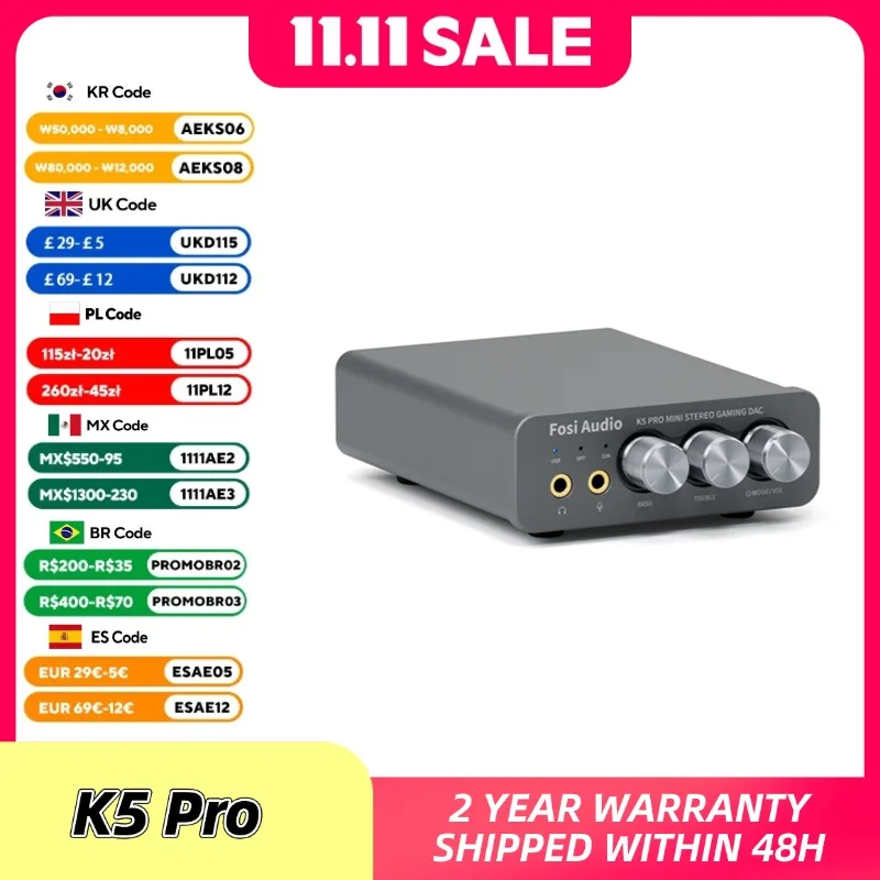 Fosi Audio K5 PRO 게임용 USB DAC(마이크 헤드폰 앰프 포함) PS5 데스크탑 전원 액티브 스피커용 미니 오디오 디코더