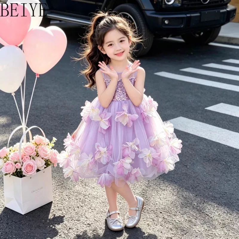 Three Dimensional Flower Sequined Baby Girl Dress Summer Purple Color Princess Dress Children Korean Style Sweet Dress