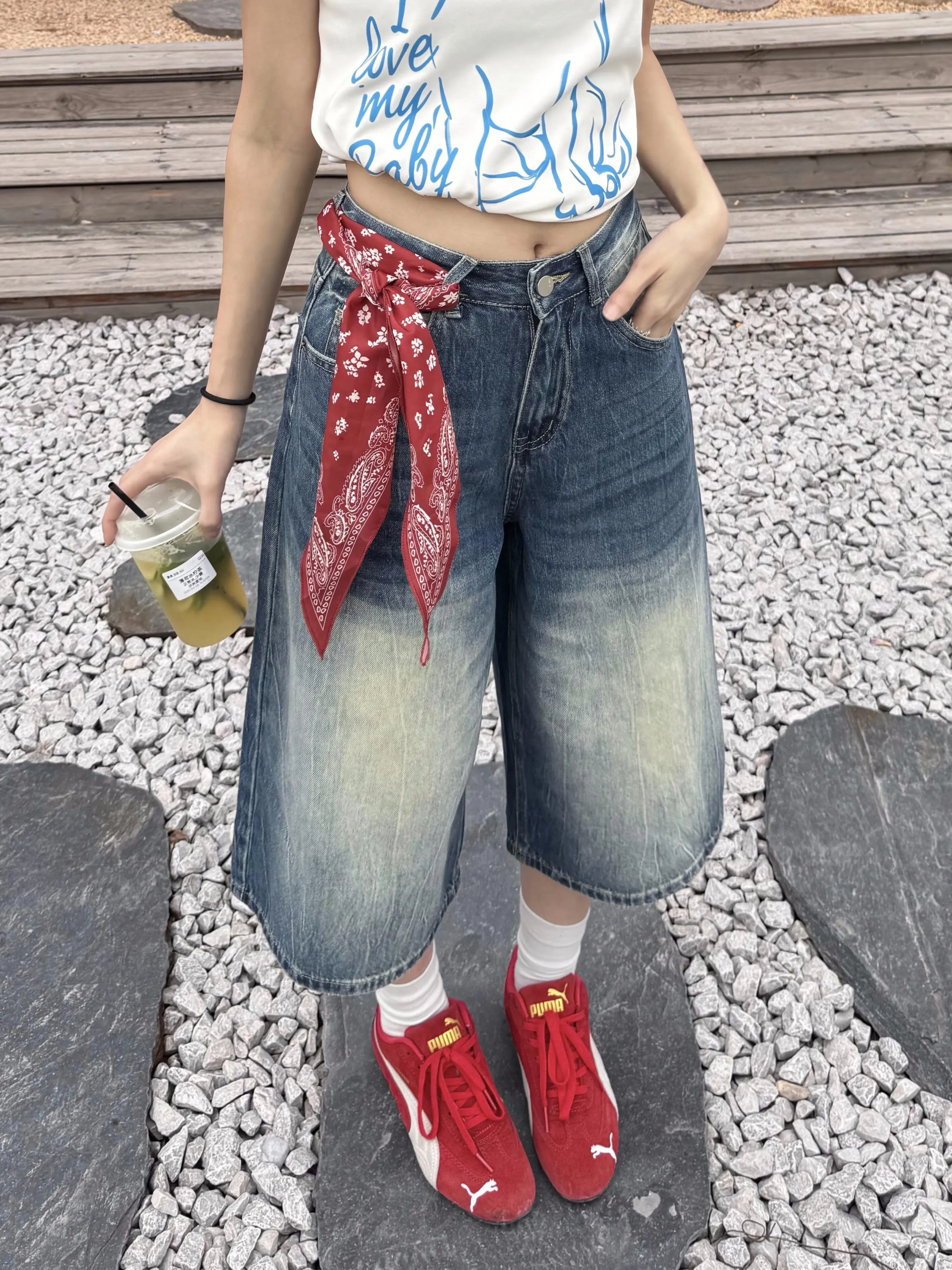 Retro American Washed Lightning Pattern Loose Jeans Women's Summer New Casual Pants High Waist Wide Leg Cotton Denim Jeans