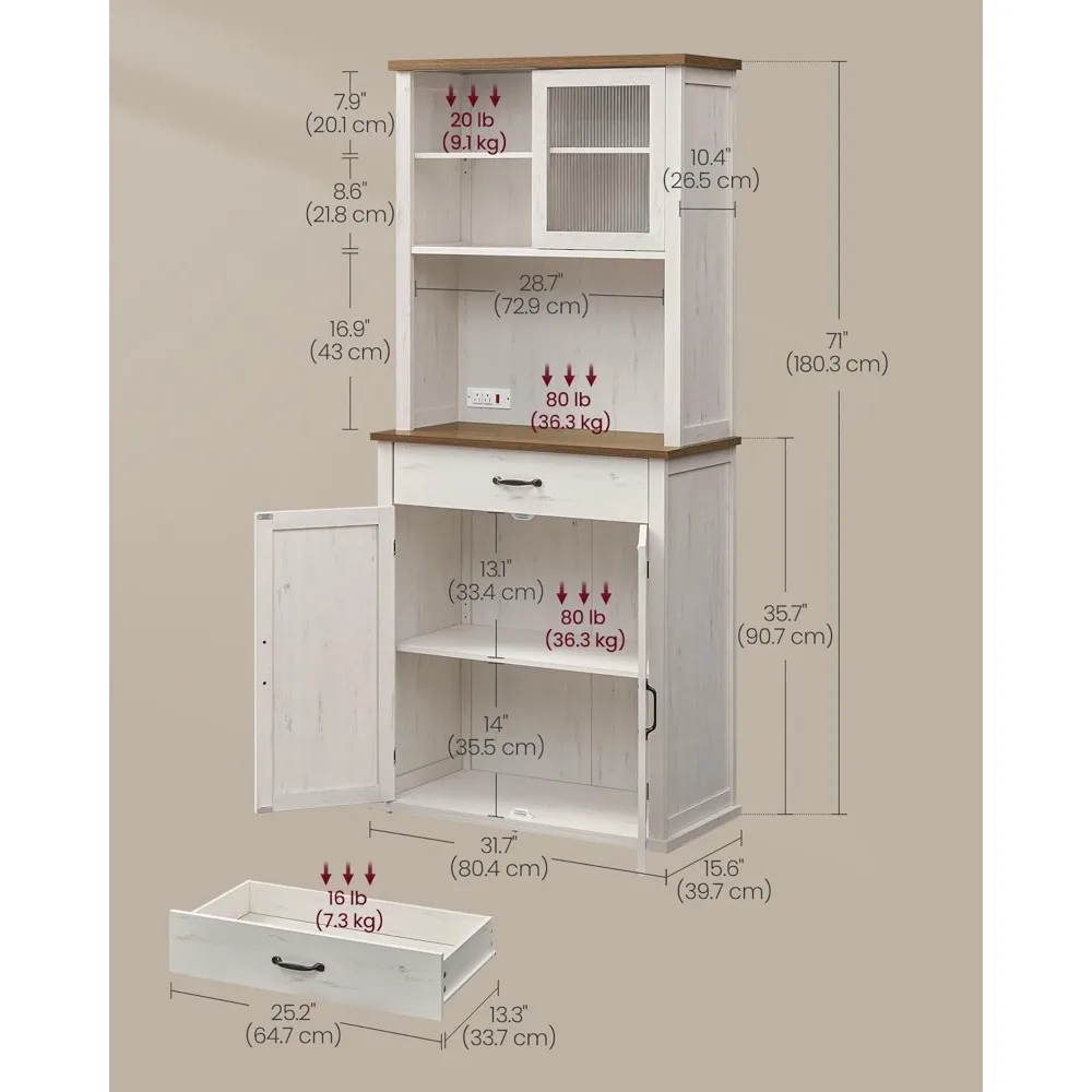 VASAGLE 71 خزانة مخزن المطبخ مع أضواء ومحطة شحن، خزانة بار القهوة مع أبواب ودرج، نمط المزرعة، أ