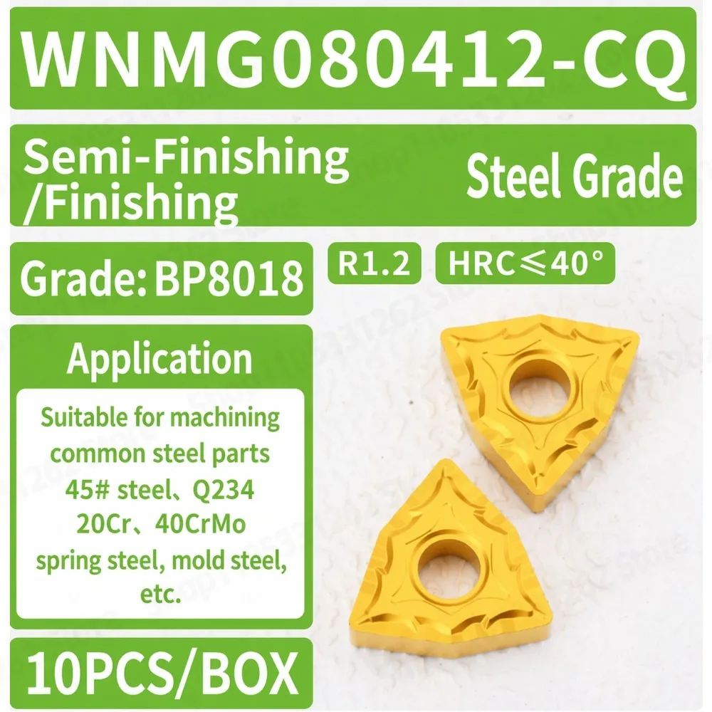 Carbide Turning Insert WNMG080412-CQ BP8018, Mild Steel Finishing Tool with Chip Control, Trigon CNC Cutter, 10pcs