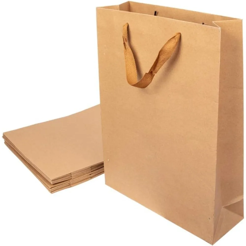 

10 Pcs 15.74" Long Burly Wood Rectangle Kraft Paper Pouches Gift Shopping Bags with Nylon Thread Handles for Birthday Wedding